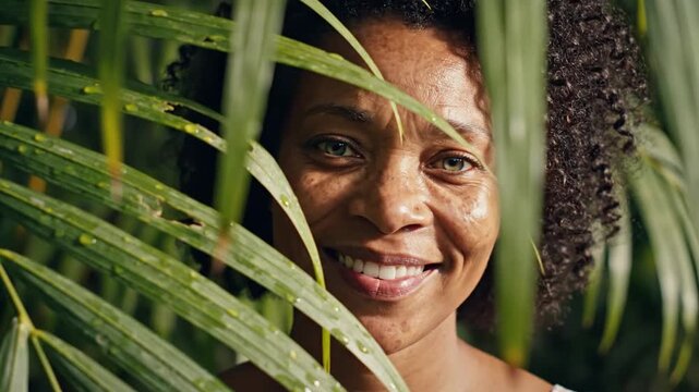 Smiling middle aged black woman with hazel eyes looking through green palm leaves in tropical sunlight