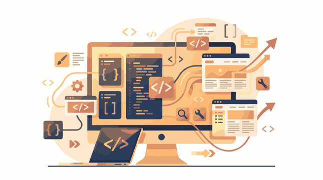 A stylized computer monitor displays coding screens and symbols