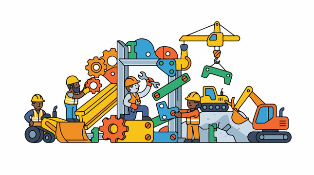 Construction workers with heavy machinery equipment.