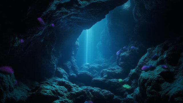 Abstract deep blue underwater background with beautiful sunlight rays shining through the ocean surface.