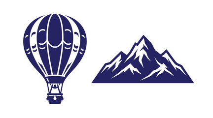 Naklejka premium Minimalist graphic icon illustration of a hot air balloon and majestic mountain peaks with mountain adventure outdoors landscape climbing exploration altitude vacation recreation