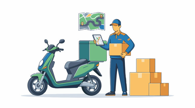 Delivery worker with scooter and boxes checking map on tablet