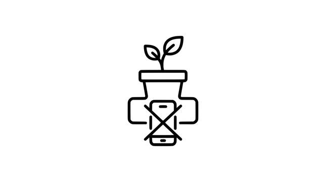 Plant growing from pot with prohibition symbol over smartphone icon representing digital detox or no phone zone concept PNG Isolated on transparent background