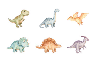 Watercolor dinosaur icon set, cute prehistoric animal stickers isolated on white background © Dwi