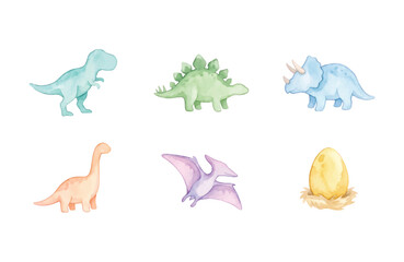 Watercolor Dinosaur Icons Set with Cute Prehistoric Creatures and Egg © Dwi
