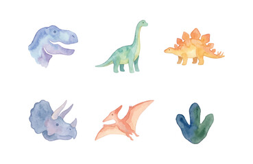 Watercolor Dinosaur Icons Set with Soft Pastel Colors on White Background © Dwi