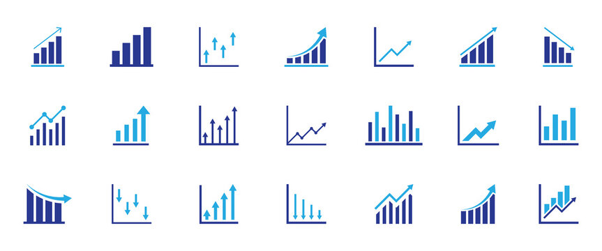 Up and down graph chart vector icon set. Growth increase and decrease sign. Upward or downward trend bar chart icon. Vector illustration. EPS 10