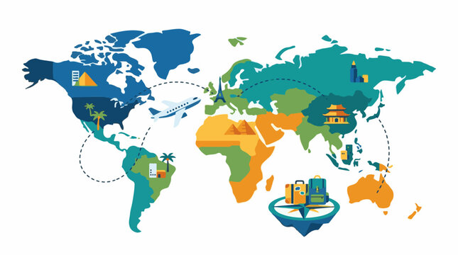 Colorful world map with travel icons and dotted flight routes illustrated