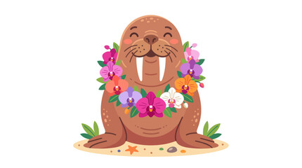 Smiling walrus with a tropical flower necklace sitting on the sand © edur