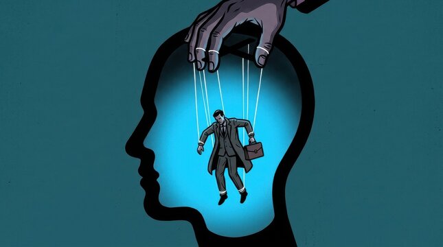 Conceptual illustration of manipulation and control depicting a businessman as a puppet within a human head silhouette