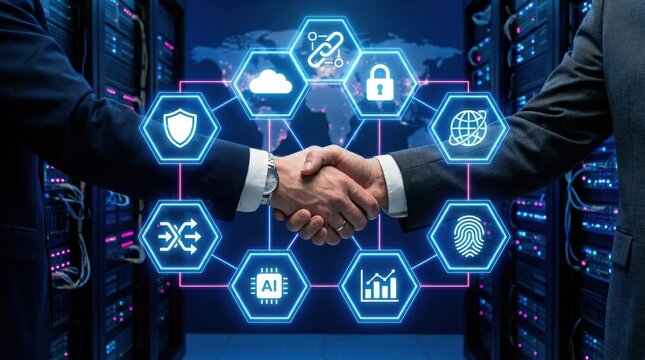 Cybersecurity partnership handshake in front of data center servers with security icons