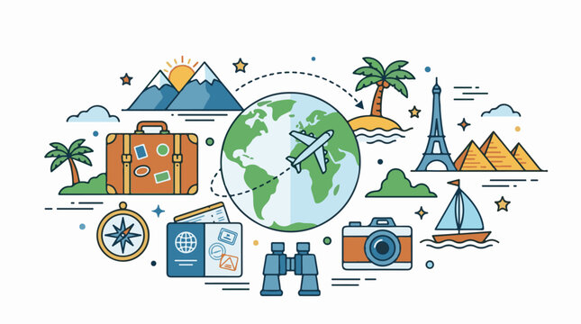 A colorful illustration of travel icons including landmarks transportation and gear