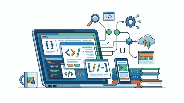 A laptop and phone display coding and web development elements with a mug and books