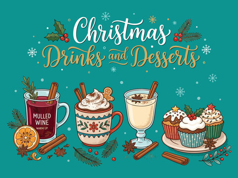 Festive Christmas Drinks and Desserts Featuring Mulled Wine, Hot Chocolate, Eggnog, and Cupcakes