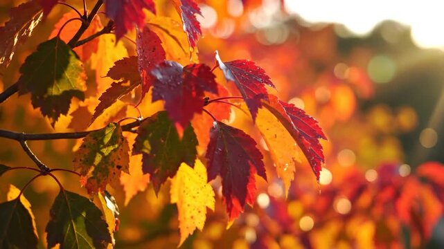 Vibrant autumn maple leaves glow in the warm sunset light