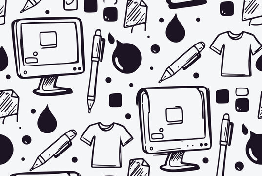 Hand-drawn doodle style seamless pattern featuring computers, pens, t-shirts, and ink drops in black and white.