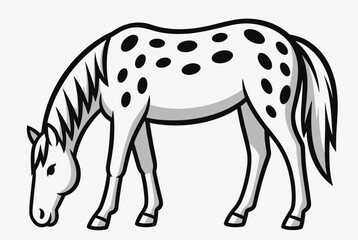 Obraz premium Spotted white horse grazing peacefully with its head lowered in a clean and simple vector cartoon style.