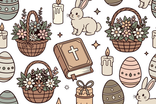 Lovely seamless Easter pattern featuring baskets of spring flowers colorful eggs rabbits and a holy bible.