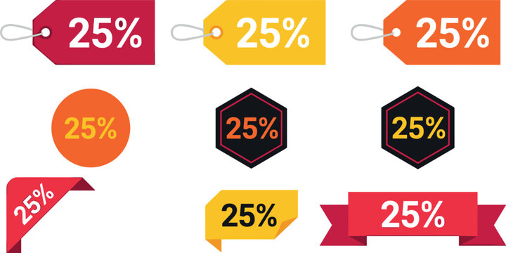 25 percent discount promotional sale tag set for retail shopping clearance, special e-commerce offer, market marketing campaign banner, and price reduction vectors.