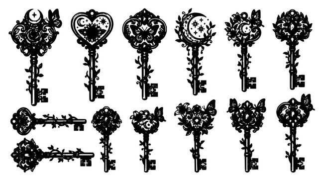 Key Set Vintage Skeleton Key Collection with Ornamental Filigree Floral Motifs, Gothic Decorative Keys for Design Projects