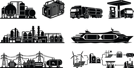 Obraz premium Hydrogen Energy Infrastructure Silhouette Collection with Production Storage Transport and Fuel Systems