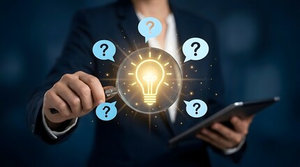 Fototapeta premium Business person examining a glowing light bulb through a magnifying glass, surrounded by question marks, representing problem solving and idea generation.