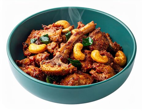 Bidar Mutton Cashew Varugari Dry Fry In Teal Green Bowl Isolated On White Background