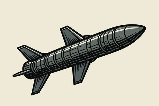 High technology military missile flying in space or atmosphere in retro color scheme engraving style.
