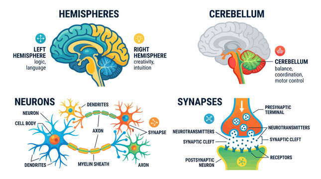 Human Brain Anatomy: Hemispheres, Cerebellum, Neurons, and Synapses
