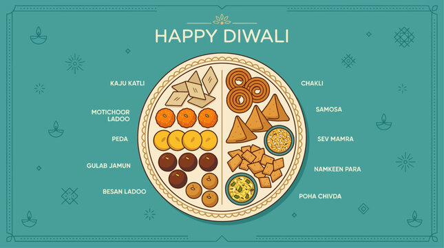 A tempting flat design illustration showcasing a delicious assortment of traditional Indian Diwali sweets (mithai) and savory snacks (farsan), central to the festive feasting. 