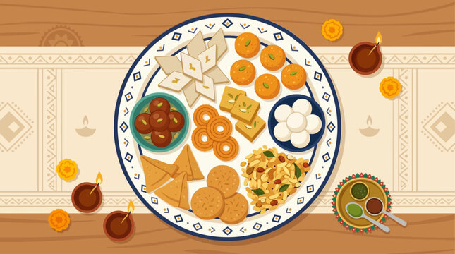 A tempting flat design illustration showcasing a delicious assortment of traditional Indian Diwali sweets (mithai) and savory snacks (farsan), central to the festive feasting. 