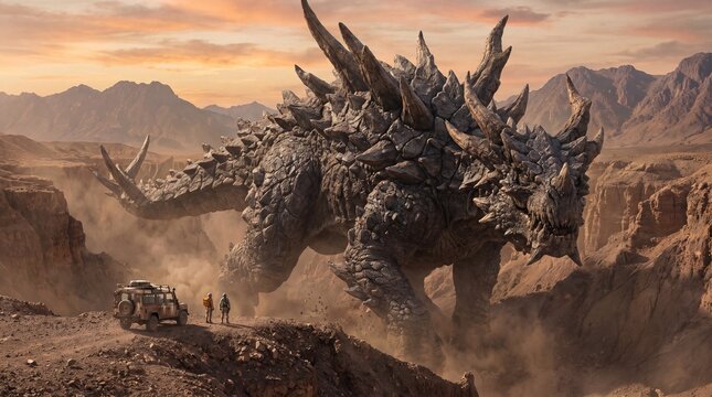 Giant rocky beast encountering explorers in desert canyon