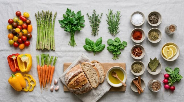 A flat lay arrangement of fresh vegetables and herbs is displayed on a white linen cloth.