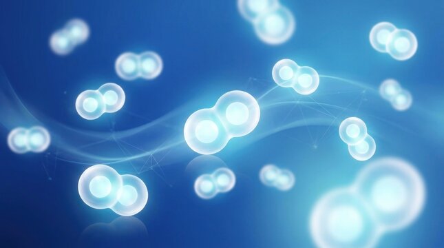 Multiple cell structures float against a deep blue background. The cells have a translucent, rounded shape with a light blue interior and a white outline.