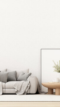 Minimalist Scandinavian living room with a soft grey sofa, knitted throw, oak coffee table, eucalyptus vase and blank framed poster.