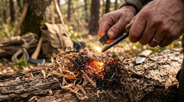 A man skillfully uses a ferro rod to create a spark and ignite a pile of dry tinder in a forest setting.