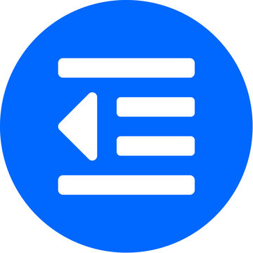 Outdent icon on bold blue circle badge for outdent text format left indent paragraph code editor writing app UI web mobile document alignment on transparent background