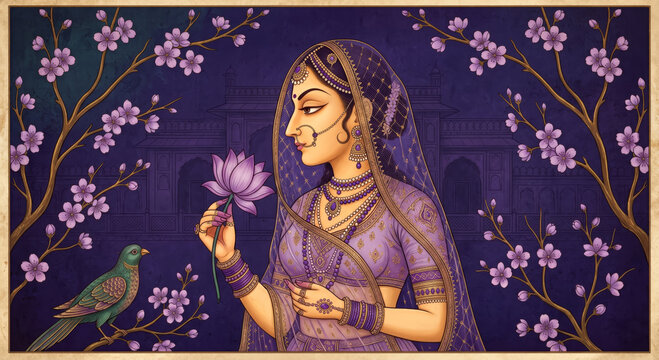 Traditional Indian royal bride holding a lotus flower, detailed illustration with purple floral background, palace silhouette, and bird. Ideal for cultural event backdrops and wedding invitations.