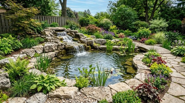 A beautiful, natural-looking pond waterfall features a stone waterfall cascading into a kidney-shaped pond.