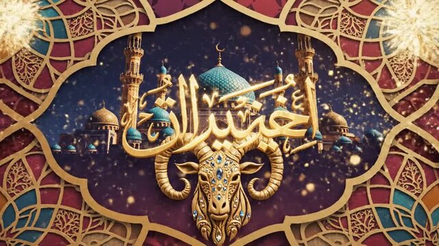 Eid Al Adha holiday greeting with golden sheep head and mosque background