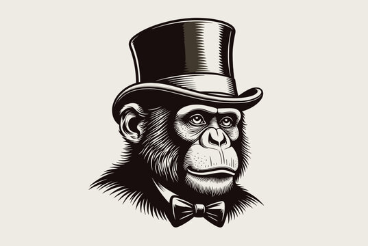 Distinguished chimpanzee wearing a classic top hat and a elegant bowtie, shown in detailed retro woodcut engraving.