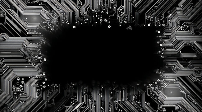 Black white circuit board technology background electronic pattern digital design microchip motherboard connection data network computer closeup