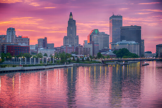Providence Skyline Glows Above Colorful River Reflections