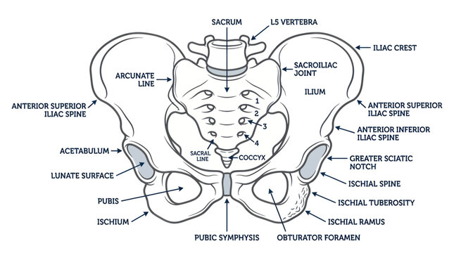 Anatomical Illustration of Human Pelvis Bones with Labels