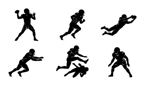 American Football Player Silhouettes, Dynamic Action Poses Vector Set: Quarterback Throwing, Runner, Receiver Catching, Tackling, Kicking, Defensive Stance, Sports Graphics
