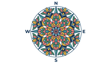 Mandala Compass Rose with Floral Pattern, Directional Navigation Symbol © elsa