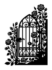 Fototapeta premium Ornate Garden Gate Silhouette with Roses and Thorns
