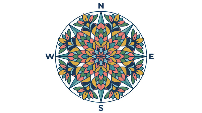 Mandala Compass Rose with Floral Pattern, Directional Navigation Symbol