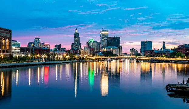 Providence Skyline Reflections At Colorful Blue Hour