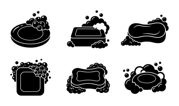 Black Soap Icons Set, Bar Soap Bubbles Vector Graphics, Hygiene Cleansing Elements, Bathroom Personal Care Symbols